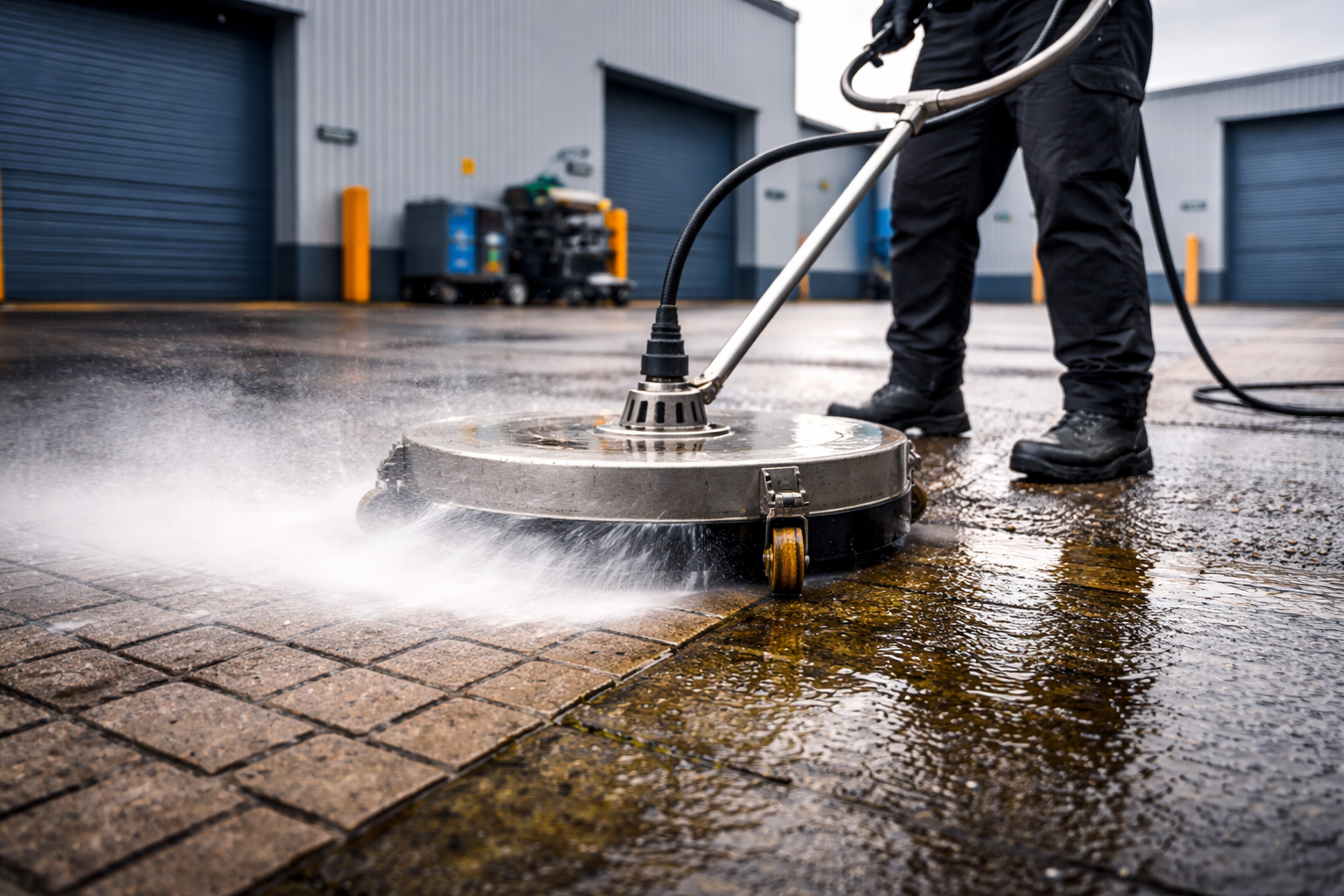 Commercial pressure washing in an industrial yard